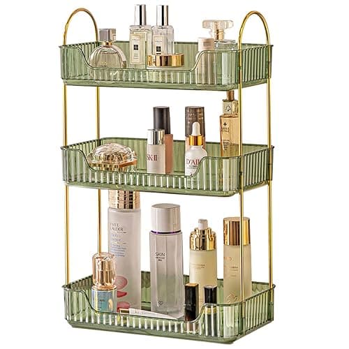 Shuang Qing Bathroom Counter Organizer - Countertop Storage, Cosmetics & Skincare Shelf, Makeup & Perfume Organizer, Spice Rack for Kitchen (3 Tier - Green) - Image 1