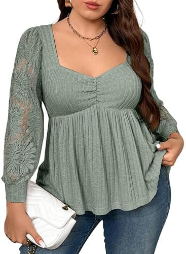 AlvaQ Womens Plus Size Tops Casual Lace Long Sleeve Sweetheart Neck Peplum Ruched Babydoll Shirts Blouse - Image 1