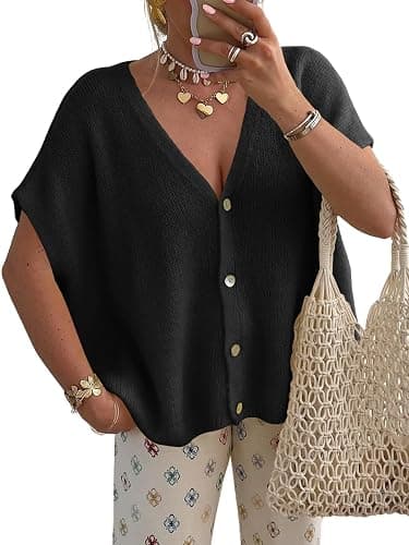 Saodimallsu Womens Summer Oversized Cardigans Batwing Short Sleeve Lightweight Button V Neck Casual Knit Sweater Tops - Image 1