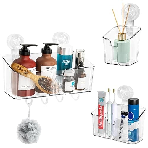 HYBRIDEAS Clear Shower Caddy Suction Cup Shelf Organizer with Hooks Removable Shower Basket Light Luxury Style Punch-Free Dorm Wall Storage Rack for Kitchen Bathroom Set of 3 - Image 1