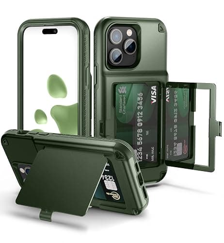 WeLoveCase for iPhone 14 Pro Max Case for Women, Men Defender Credit Card Holder Cover with Hidden Mirror, Three Layer Shockproof Heavy Duty Protection Case for iPhone 14 Pro Max 6.7'' Green - Image 1
