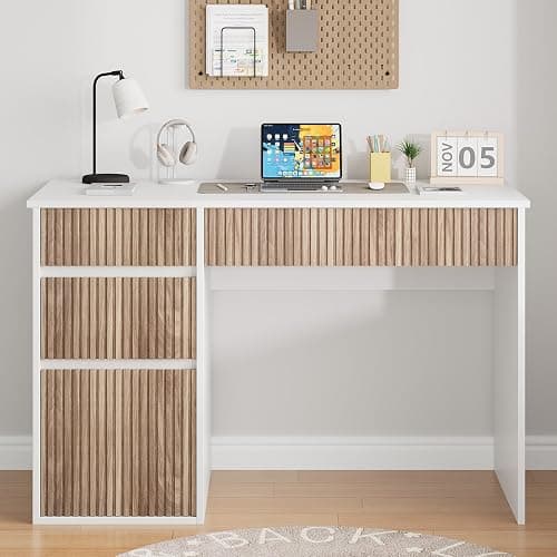 4 EVER WINNER White Desk with Drawers, 48 Inch Computer Desk with Hidden Handle and Storage Cabinet, Writing Desk with Drawers for Home Office Study Table, White and Walnut - Image 1