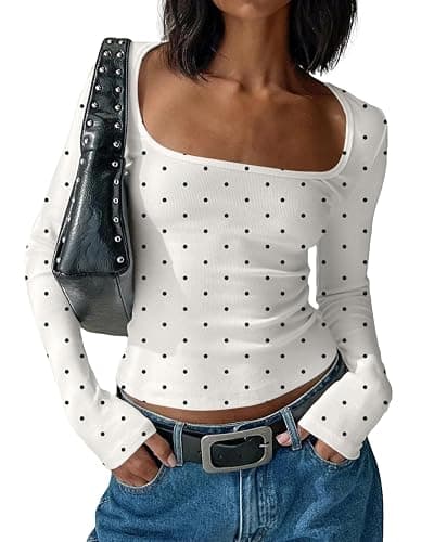 BAIGRAM Women Y2K Polka Dot Long Sleeve Crop Tops-Vintage Boho Scoop Neck Tee Shirt Tight Fit Jersey Tshirt Fall Outfits - Image 1