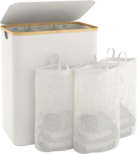 Extra Large 3 Section Dirty Clothes Laundry Basket with Lid, Dirty Clothes Hampers with Removable Bags for Bedroom and Laundry Room, Beige - Image 1