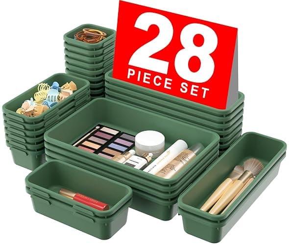 A-LuGei 【28PCS】 Drawer Organizer, Bathroom Organizers and Storage, Makeup organizer, Desk drawer organizer, Storage Bins for Kitchen Office Bedroom Vanity Jewelry Pantry Garage【ArmyGreen】【4Size】 - 28pcs-4size - ArmyGreen - Image 1
