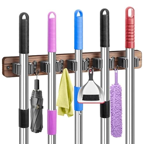 IMILLET Broom Holder Wall Mount, Rustic Wood Broom Hanger with 5 Racks and 4 Hooks, Laundry Room Organization and Storage, Mop Holder for Home Decor, Garden, Garage, Kitchen, Closet - Image 1