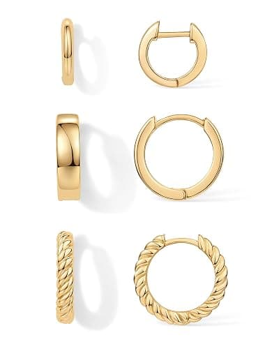 PAVOI 14K-18K Yellow Gold Plated 925 Sterling Silver Posts Three Pairs Small Hoop Earrings for Women - Statement Gold Hoop Earrings Set - Cubic Zirconia Rope Teardrop Chunky Huggie Earscape Piercings - Image 1
