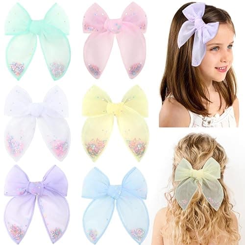 6 PCS Tulle Hair Bows for Girls, CN Toddler Bows with Glitter Star Alligator, Colorful Hair Barrettes Wedding Hair Accessories for Baby Girls Infants Toddler Teens Party (Type A) - Image 1