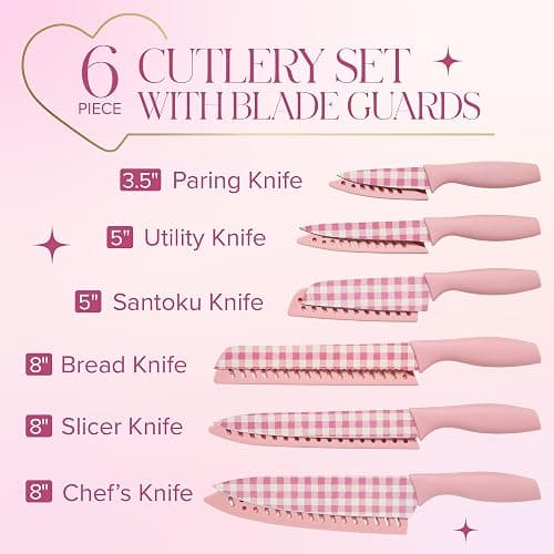 Paris Hilton Kitchen Knife Set, Stainless Steel Blades with Ergonomic Soft Touch Handles and Blade Guards, Gingham Design, 12-Piece, Pink - Image 1