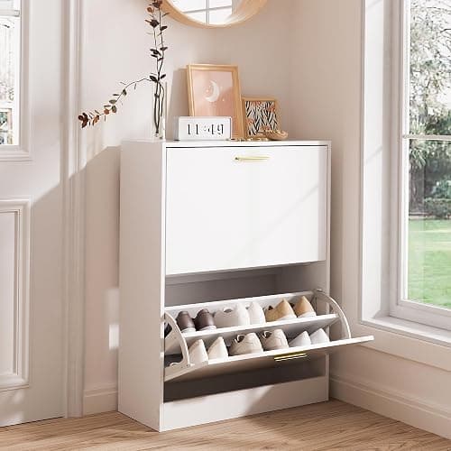 LYNSOM Shoe Cabinet, Free Standing Tipping Bucket Shoe Rack Organizer with 2 Flip Drawers, Modern Entryway Shoe Storage with Top Display, Narrow Slim Hidden Shoe Cabinet (White) - Image 1