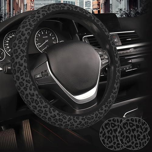 Black Leopard Print Steering Wheel Cover for Women, Universal Fit 14.5-15 Inch with Non-Slip Grip and Thermal Control, Includes 2 Ceramic Absorbent Cup Coasters, Compatible with Cars, SUVs, Trucks. - Image 1