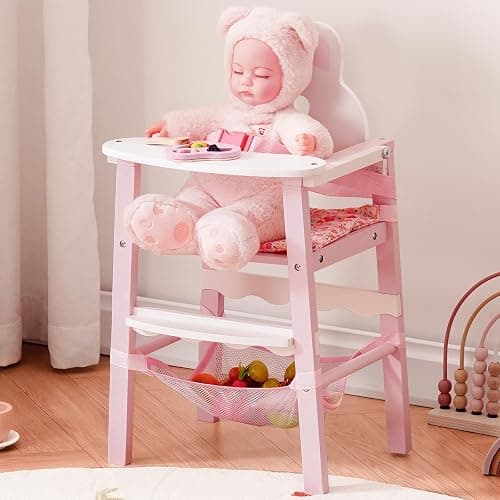 ROBOTIME Wooden Baby Doll High Chair – Pretend High Chair Toys for 18" Dolls – Doll Feeding Chair Toy with Tray – Baby Doll Furniture for Girls Ages 3+ - Image 1