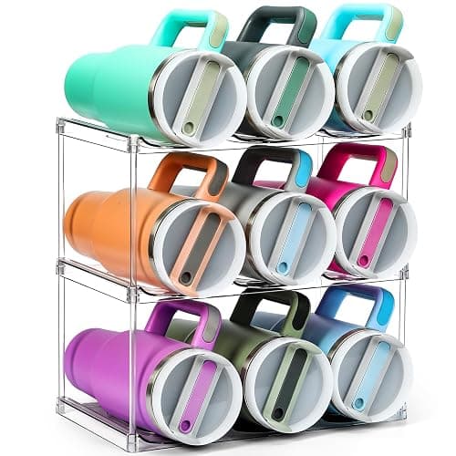 Design for Stanley 40 OZ & Large Bottles & Tumblers with Handle, Acrylic Water Bottle Organizer - Stackable Clear Wine Rack, Cup Holder for Home Kitchen Pantry Shelf Countertop Cabinet, 3 Tier Hold 9 - Image 1