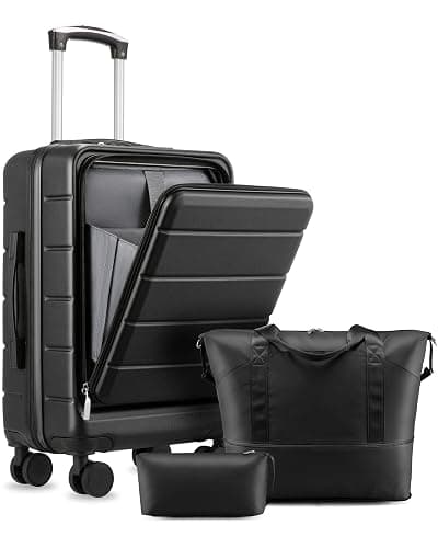 Carry On Luggage with Laptop Compartment, H1F 22x14x9 Airline Approved Front Pocket Hardside Suitcase with Spinner Wheels, TSA Lock, Includes Tote Bag(FX-Lite,Black,3 Piece Sets) - Image 1