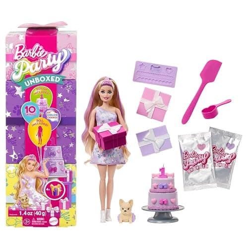Barbie Party Unboxed Doll & Accessories, Pet Birthday Series Birthday Bows Set with 10 Surprises Including Color Change & Cake-Decorating Activity - Image 1