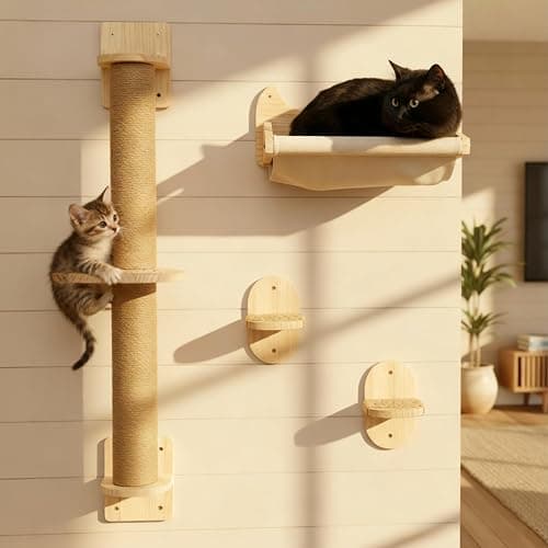 Pet Savvy Space Saving Cat Wall Shelves, Window and Wall Mount 4-in-1 Cat Tree – Hammock, Cat Scratching Post, Two Steps with Grips – Natural Pine, Jute Rope – Beige - Image 1