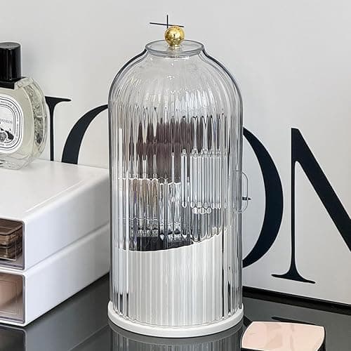 TOOCA BEAR Makeup Brush Holder Organizer 360°Rotating Cosmetic Tools Holder with Lid Sliding Door Dustproof&Waterproof for Vanity Bathroom Bedroom,Transparent - Image 1