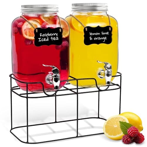 HEFTMAN Glass Drink Dispenser with Tap - 2 x 4 Litre Mason Jar Drink Dispenser with Plastic Tap & Metal Wire Stand - Drinks Dispenser, Cocktails, Empty Beverage Dispenser - Image 1