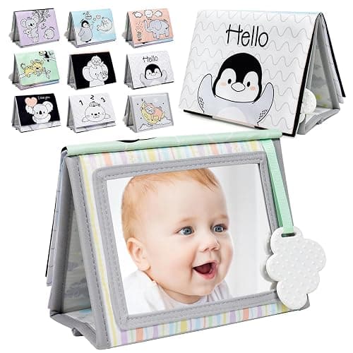 Dr.Rapeti Soft Tummy Time Book Baby Safe Mirror with Teether Crinkle Pages Tummy Time Mirror High Contrast Montessori Sensory Toy Tummy Time Toy for Newborn Baby Infant for 0+ - Image 1