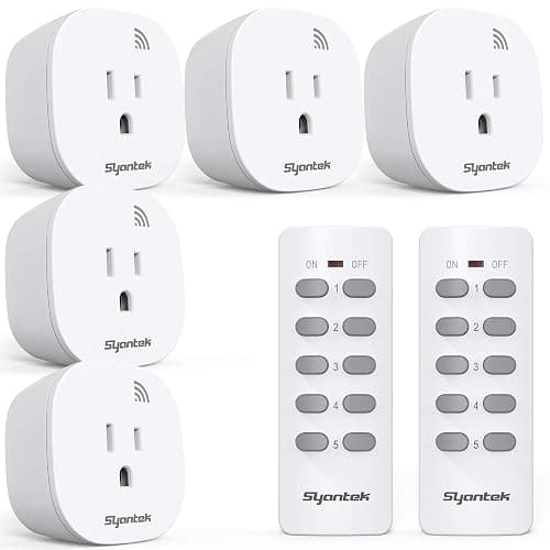 Syantek Remote Control Outlet Wireless Light Switch for Household Appliances, Expandable Remote Light Switch Kit, Up to 100 ft Range, FCC Certified, ETL Listed, White (5 Outlets + 2 Remotes) - Image 1