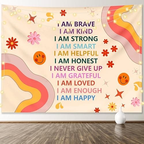 KJHL Rainbow Motivational Tapestry Wall Hanging Quote Positive Affirmations Saying Inspirational Classroom Tapestries Aesthetic Boho Kids Room Decor for Bedroom Living Room Dorm (59" x 79") - Image 1