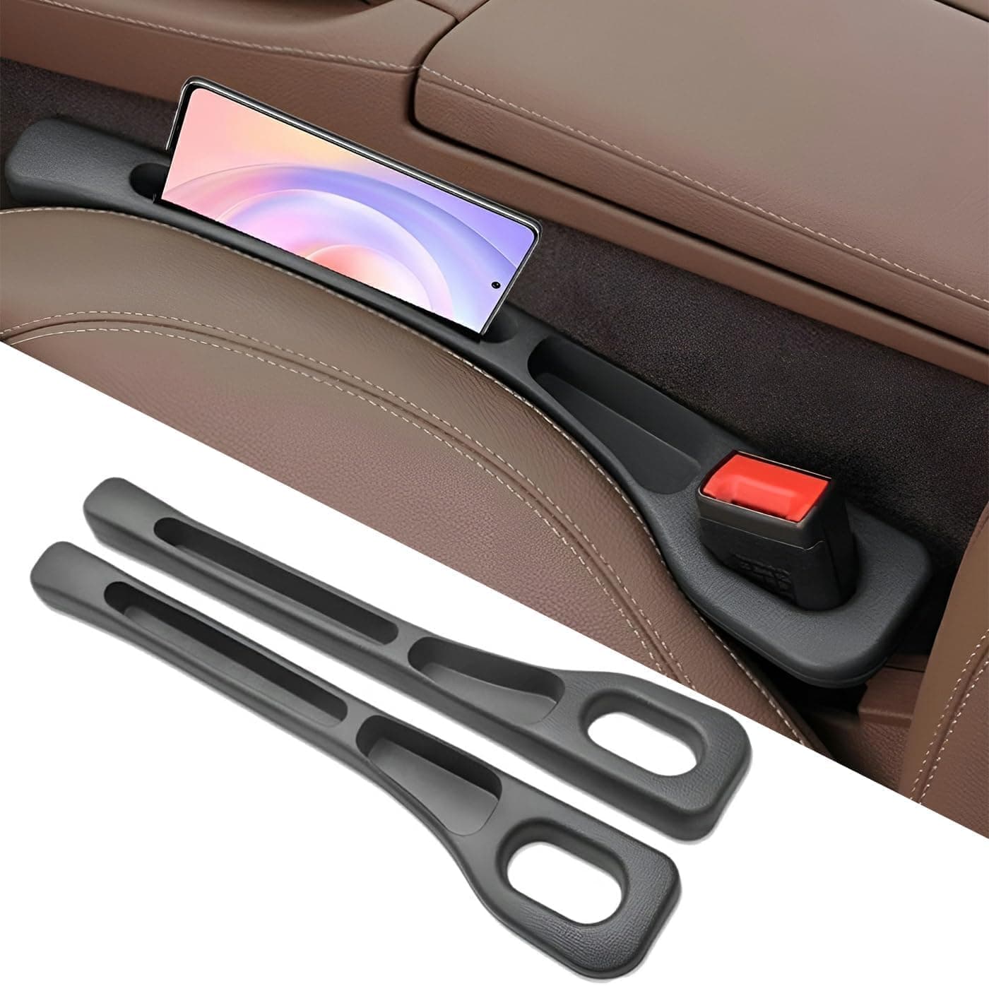 Car Seat Gap Filler of 2, Soft Foam Multifunctional Seat Side Gap Filler with Phone Holder Organizer Fill The Gap Between Seat and Console Stop Things from Dropping Drop Blocker (Black) - Image 1