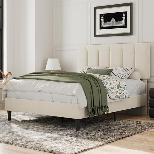 VECELO Queen Bed Frame with Upholstered Headboard, Heavy-Duty Platform Bedframe with Strong Wooden Slats Support, No Boxing Spring Needed, Pale Beige - Pale Beige - Queen - Platform - Image 1