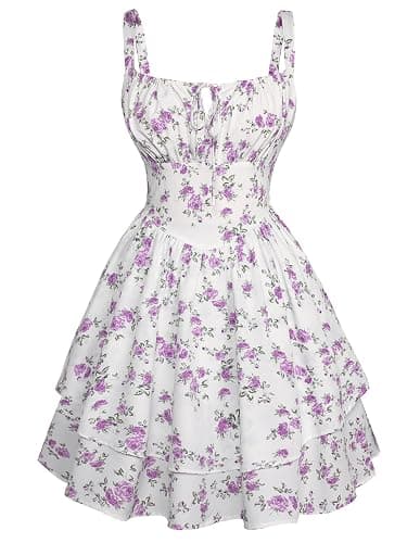 Scarlet Darkness Floral Corset Dress for Women Ruffle Mini Dress Summer Sundress - Small - White Purple Floral - Image 1