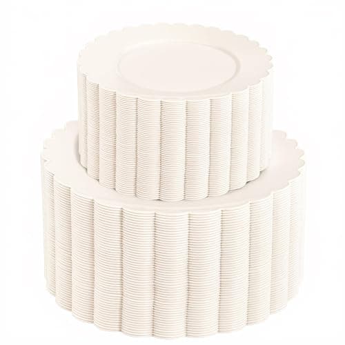 supernal 100pcs Ivory Plastic Plates Fancy Disposable Scalloped Plates for Party Heavy Duty for Party,Wedding,Brthdays Bridal Shower Plate Include 50 Plastic Dinner & Dessert Plate - Image 1