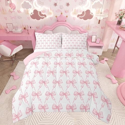 Feelyou Bow Bedding Set Boys Girls Twin Size Pink Girls Bow Comforter Set for Kids Women Men Ultra Soft Cute Bowknot Comforter Kawaii Duvet Set Room Decor Bow and Stripes Quilt Set - Image 1