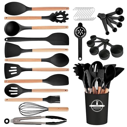 Gaixvny Kitchen Utensils Set - 34 PCS Non-Stick Silicone Cooking Utensils Set Spatula Set with Holder, Wooden Handle Spoon,Brush,Whisk Kitchen Gadgets Tools Set for Nonstick Cookware (Black-34P) - Image 1