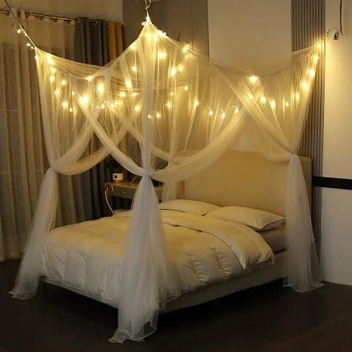 Mengersi Bed Canopy with Lights for Full Queen King Size Bed,4 Corner Post Bed Drapes Canopy for Bed,Canopy Bed Curtains Elegant Bedroom Decoration Accessories(White+Lights) - Image 1