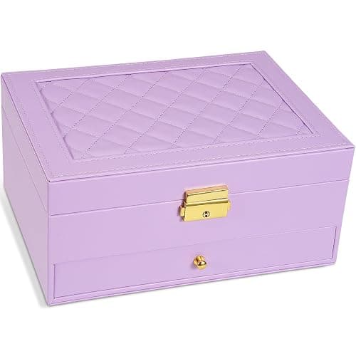 Unimoly 2-Layer Jewelry Box for Women Girls, Jewelry Organizers and Storage with Removable Jewelry Tray, Vintage Quilted Top Lockable Jewelry Holder Gift Idea Light Purple - Image 1