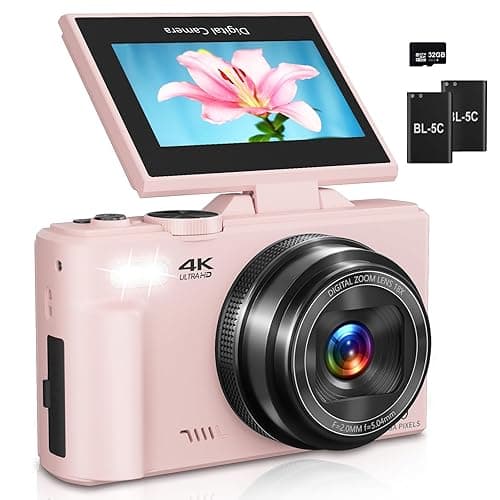 Digital Camera for Photography, 4K Vlogging Camera for YouTube 3" 180° Flip Screen 18X Digital Zoom Compact Cameras with 32GB TF Card & 2 Batteries, Pink - Image 1