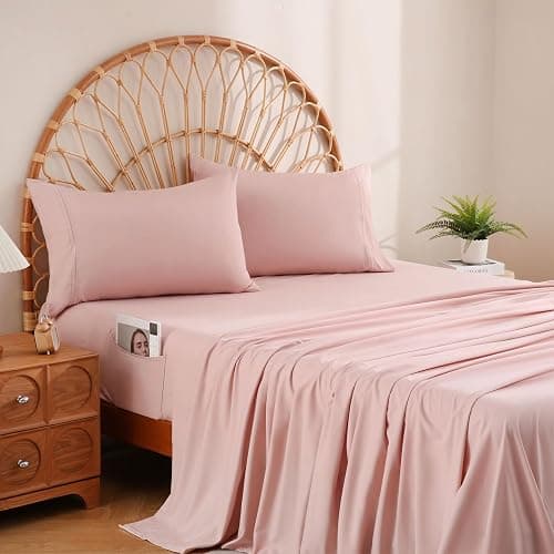 JSD Dusty Pink Full Sheet Set with Side Pocket Corner Straps, 4 Piece Soft Microfiber Bed Sheets Extra Deep Pocket - Image 1