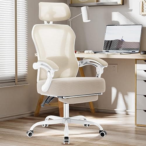 Ergonomic Office Chair with Footrest,Ultra Thick Reclining Desk Chair with Adjustable 2D Lumbar Support and Headrest,Spring Cushion,High Back Premium Mesh Computer Chair,Cream - Image 1