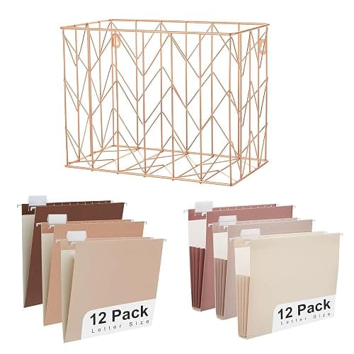 Y YOMA Hanging File Organizer, Letter Size Rose Gold Metal Desk File Crate Storage Basket for Home Office, 1 Pack, with Coco Mocha Standard + Extra Capacity Hanging Folder Set - Image 1