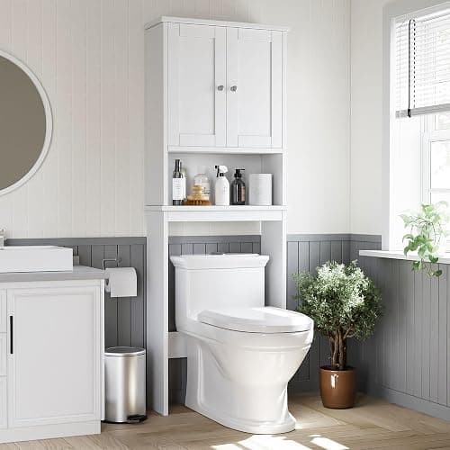 Shintenchi Over the Toilet Storage Cabinet, Bathroom Shelf Organizer with Anti-Tip Device Small Freestanding Space Saver with Adjustable Shelf,White - Image 1