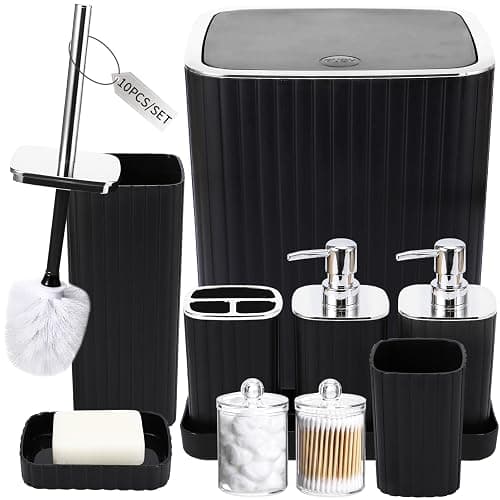 XLHOMO Bathroom Accessories Set - Gorgeous Bathroom Set, 10PC Black Bathroom Accessory Set, Toilet Brush, Trash Can, Qtip Holder & Soap Dispenser - Image 1