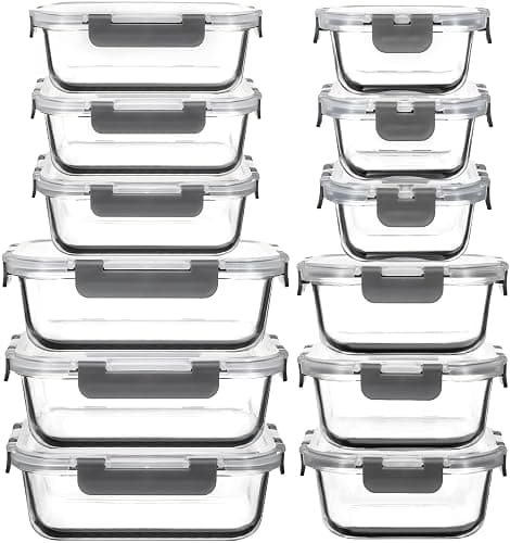 AILTEC 12 Pack Glass Food Storage Containers with Lids, Glass Meal Prep Containers Set with Leak Proof Lids, Airtight Lunch Container for Kitchen, Microwave, Oven, Freezer, Dishwasher Safe, Bpa free - Image 1