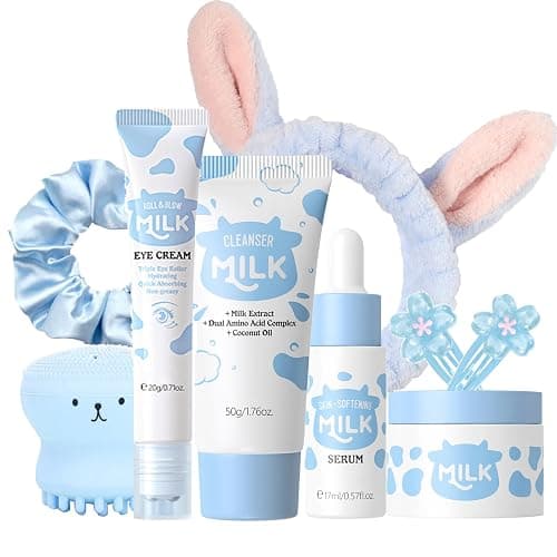 9PCS Milk Skin Care Sets & Kits for Teenage Girls-Moisturizing and Hydrating Skincare Sets- Facial Cleansing Brush & Cleanser, Serum, Face & Eye Cream, Hair Clip&Tie,Complete Gift Sets for Women - Image 1