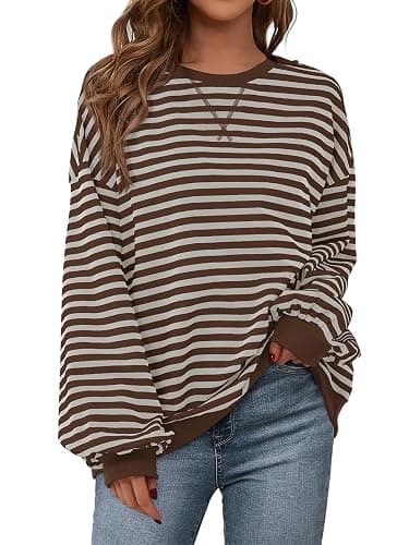 PRETTYGARDEN Womens Striped Oversized Sweatshirt Lightweight Fall Clothes | Stitching Crew Neck Sweatshirts Women, Long Sleeve Casual Loose Pullover Top, Color Block Y2K Outfits, Fashion Clothing - Image 1