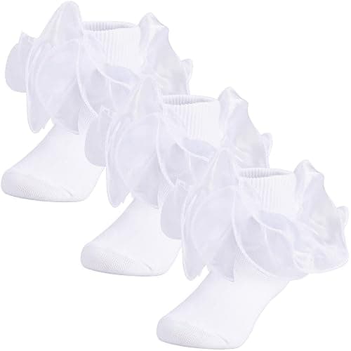 Dicry Baby Girls Double Lace Turn Cuff Socks with Big Ruffle for Infant Toddlers and Kids - 8-10 Years - White - 3 Pairs - Image 1