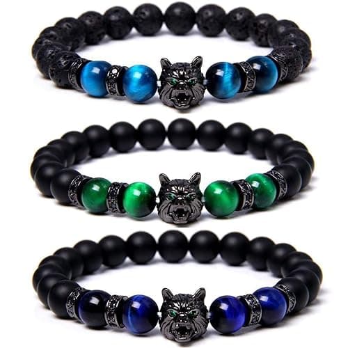 yijan Save A Wolf Bracelet,Wolf Head Lava Rock Bracelet,Healing Crystal Stress Relief Anti Anxiety Energy Stone Beaded Bracelet,Adjustable Bracelet for Men (Set) - Image 1
