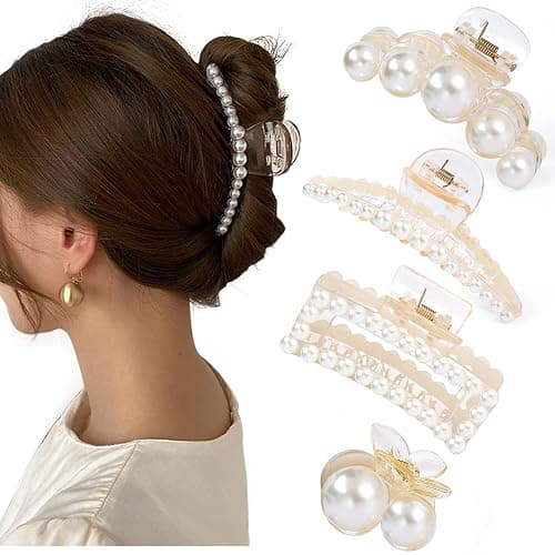 Mehayi 4 PCS Large Pearl Hair Claw Clips for Women Girls, Hair Barrette Clamps for Thick Thin Hair, Fashion Hair Accessories Headwear Styling Tools for Party Wedding - Image 1