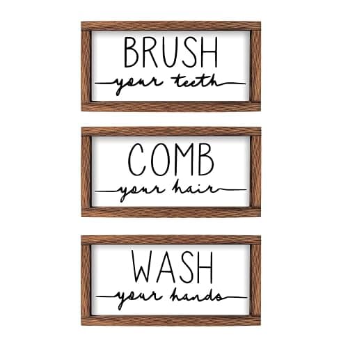 LIBWYS Bathroom Sign & Plaque (Set of 3) Wash Your Hands Brush Your Teeth Comb Your Hair Decorative Rustic Wood Farmhouse Bathroom Wall Decor (White) - brown, white - Image 1