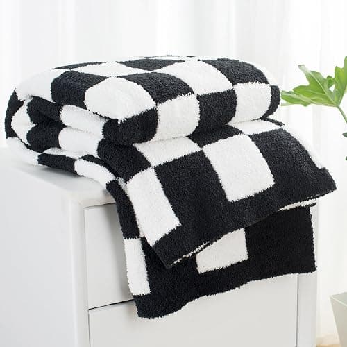Carriediosa Checkered Throw Blanket 50" X 60", 400GSM Ultra Soft Microfiber Fuzzy Fluffy Reversible Cute Preppy Knitted Blankets Cozy Plush Fall Throws for Couch, Bed, Sofa, Black - Image 1