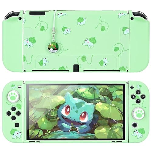DLseego Funda Protectora Compatible con Switch OLED,Carcasa Delgada Suave al Tacto con 2 Tapas de Agarre para el Pulgar y Abalorio de Bolas de Elfo,Absorción de Golpes Antiarañazos,Rana Verde - Image 1