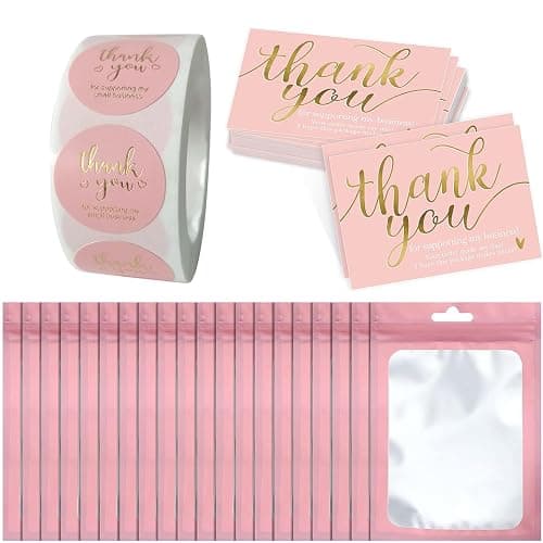 620-Piece Thank You Cards and Stickers Set for Supporting My Small Business with Resealable Packaging Bag – Retail Store Package Supplies for Business Owners and Sellers (Pink) - Image 1