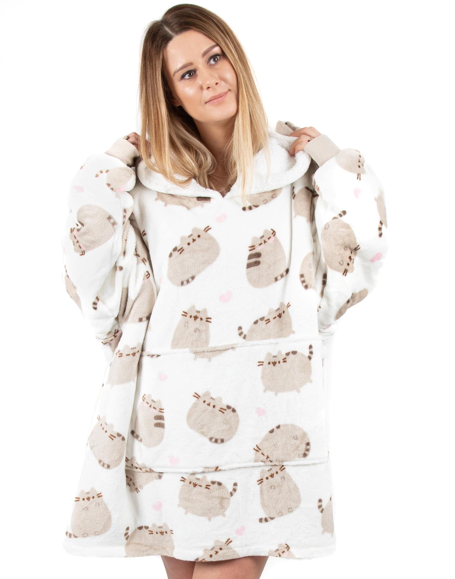 Pusheen bärbar filt för kvinnor | Tabby kattfleece huvtröja för damer | mysig tungvikt internetkaraktär myshuvtröja med huva | söta myskläder varor present till kvinnor - Image 1
